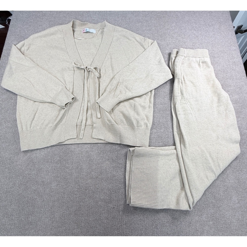 Free People Beach Womens Cotton Knit Lounge Set Beige Cardigan Pants Small